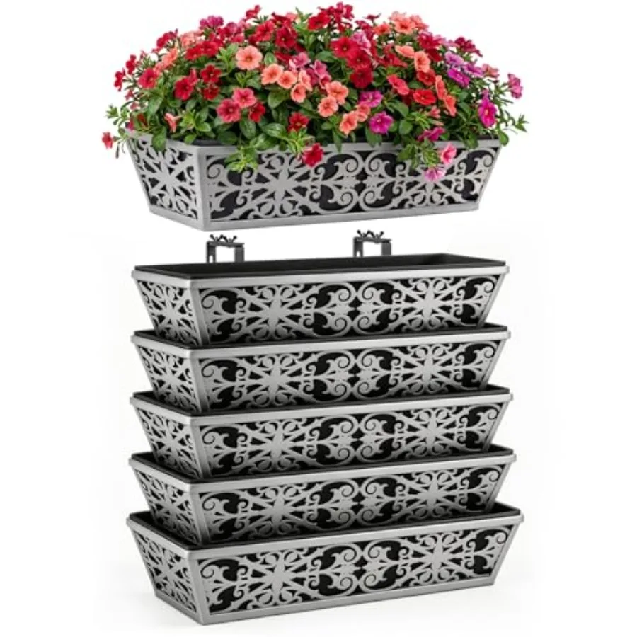 

Outdoor deck railing planter box polypropylene black adjustable brackets for porch/fence/balcony non-woven fabric liner 24-inch
