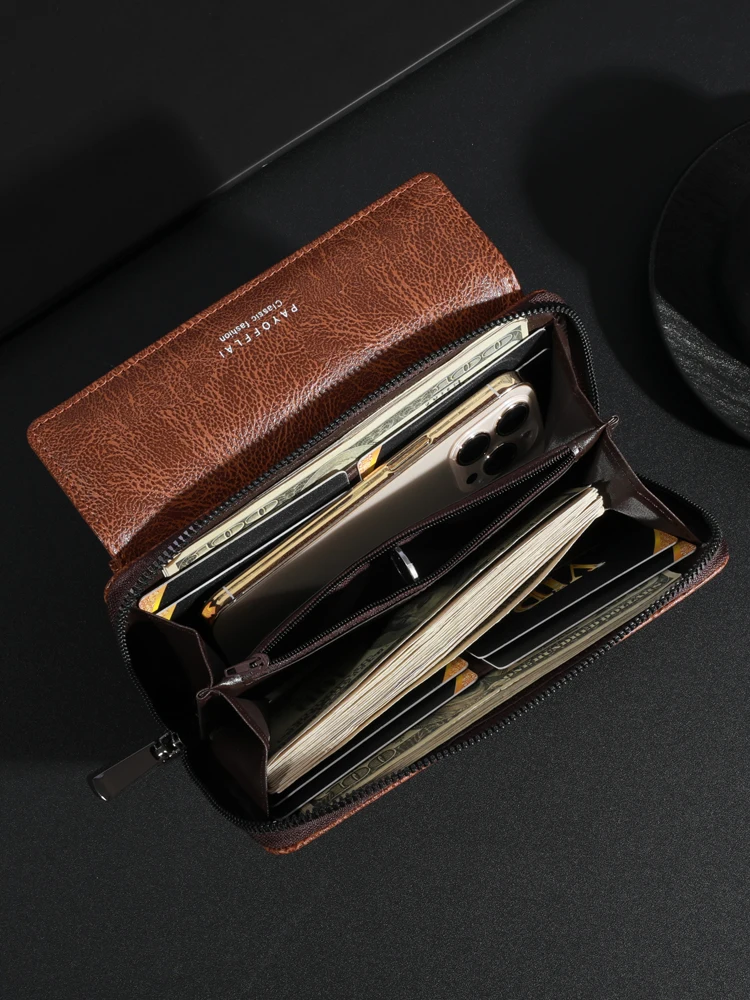 Men's PU Zipper Handbag Large Capacity Long Wallet Clutch Bag Phone Bag Multi Card Card Holder Coin Purse Wallet Double Layer