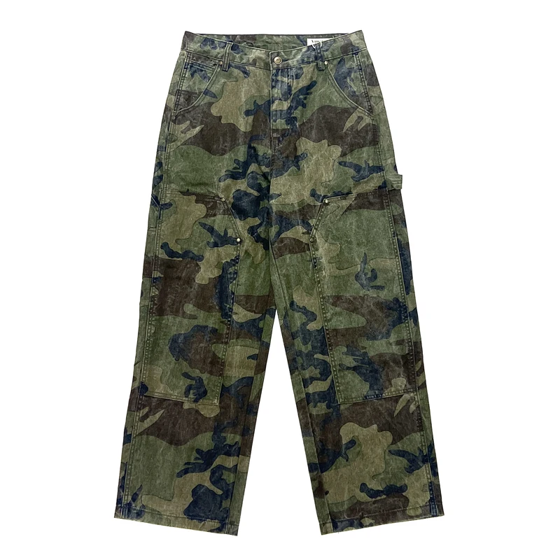 

American Vintage Casual Distressed Old Washed Camouflage Pants for Men Cotton Loose Wide Leg Straight Cargo Workwear Trousers