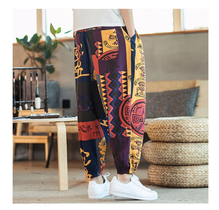 Printed Men Women Baggy Harem Pants Hip hop Joggers Causal Loose Trousers Aladdin Crotch Wide Leg Cotton Linen Pants