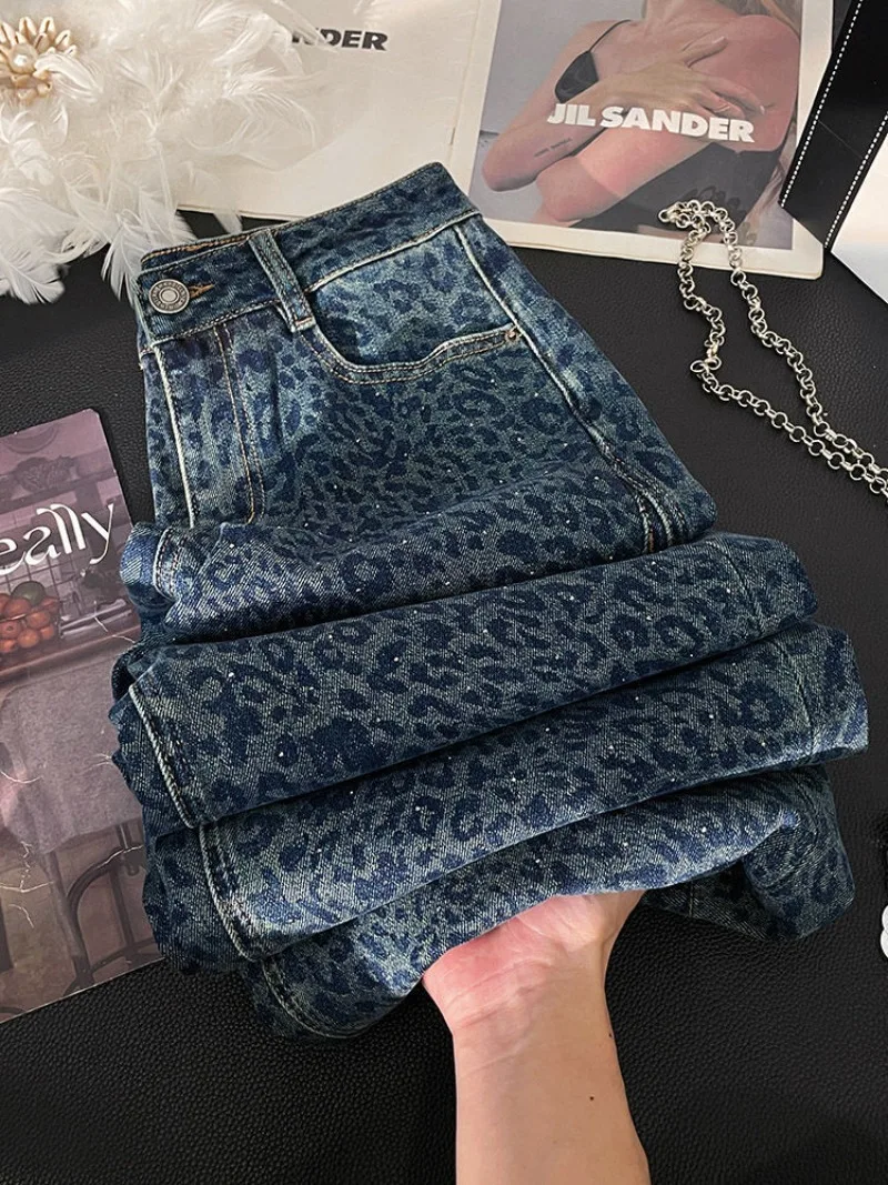 Y2K New Fashion Vintage Leopard Jeans Street Popular Hip Hop Leisure Heavy Industry Baggy Wild High Waist Wide Leg Pants Tide