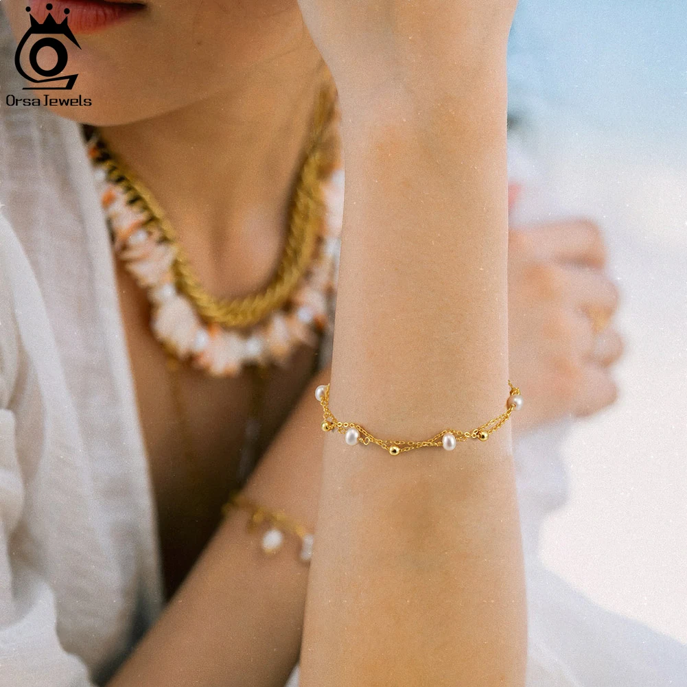 ORSA JEWELS 925 Sterling Silver Natural Baroque Pearls 14K Gold Bracelet for Women Chain Fashion Vintage Fine Jewelry GPB32