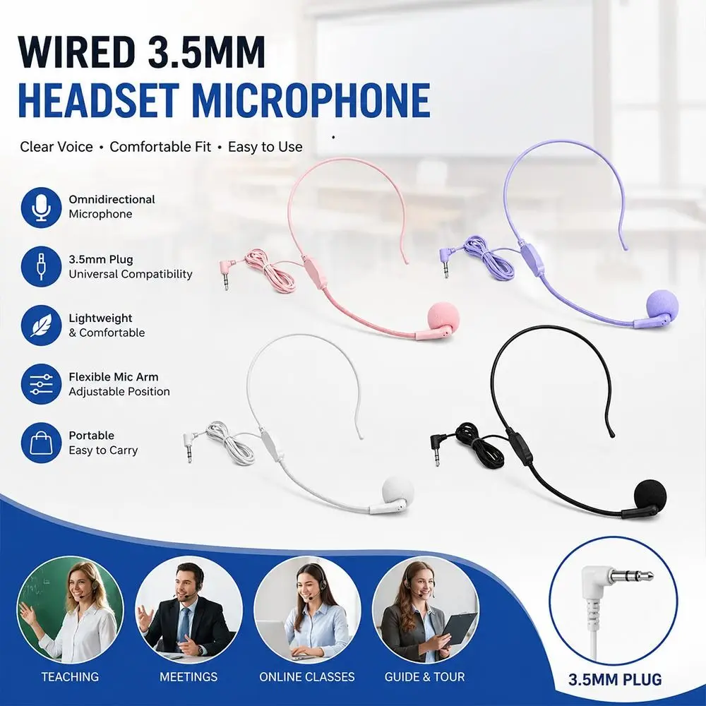 3.5mm Plug Wired Headset Microphone Foam Windscreen Flexible Boom Head-Worn Microphone Noise Filtering Adjustable Fit