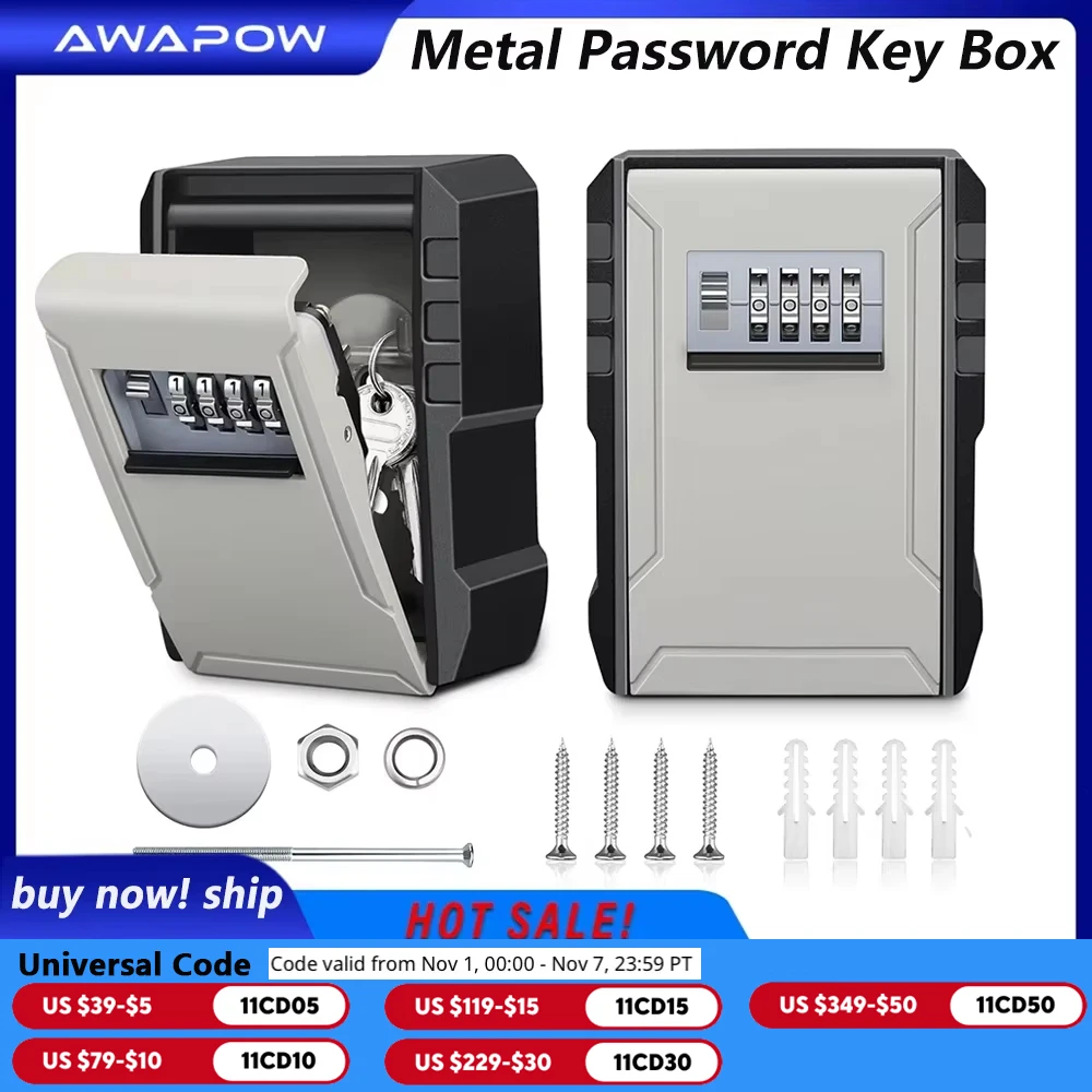 

Awapow Metal Password Key Box Wall Mounted 4 Digits Password Storage Box Durable Waterproof Anti Theft Safe Keybox Organizer