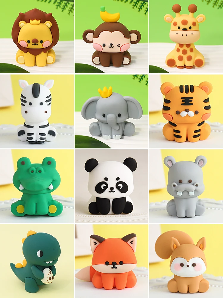 Animal Cartoon Woodland Cute Soft Rubber Ornaments Forest Jungle Safari Dinosaur Cake Topper Home Miniature Doll Car Ornaments