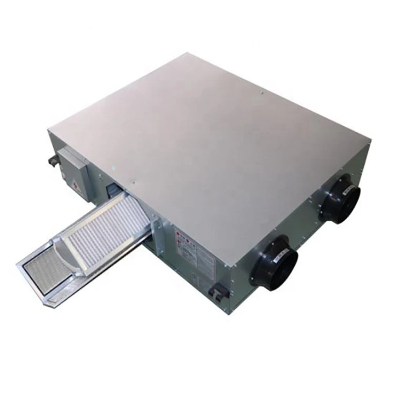 Ceiling mounted fresh air handling unit with cooling and heat exchange equipment, equipped with DC fan motor