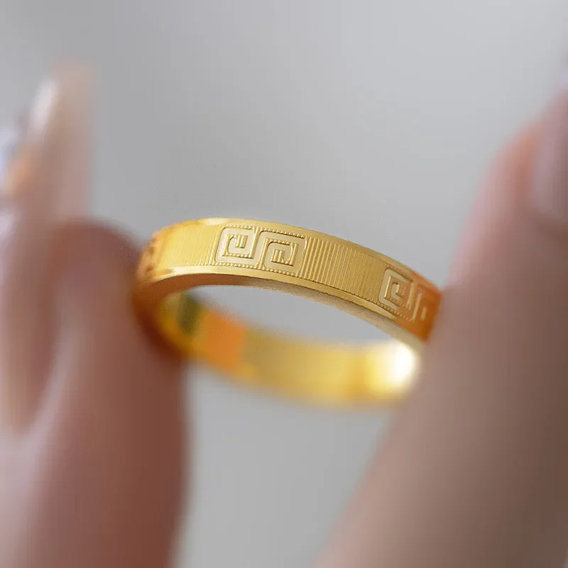 

9999 Real Gold 24K Light Luxury Premium Swastika Men's and Women's Rings Gold Plain Ring Swastika Pattern Couple Rings