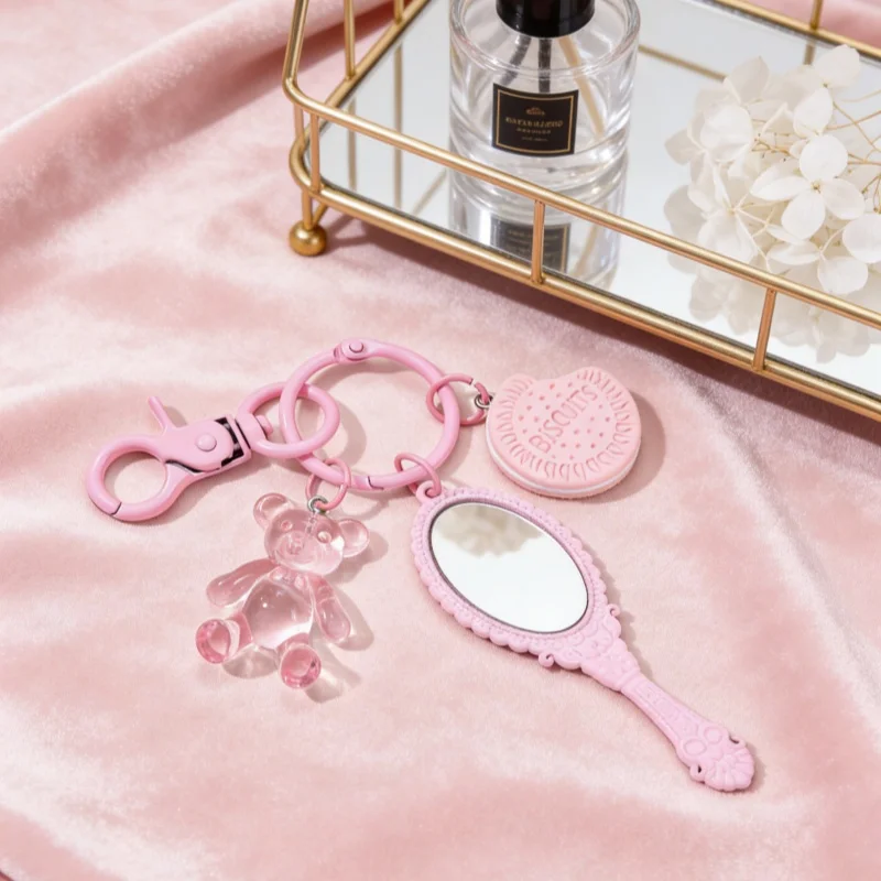 Hübscher rosa Schleife, Spiegel, Haarball, Katzenpfote, Acryl-Schlüsselanhänger, niedliche Tiere, Schlüsselanhänger für Frauen und Mädchen, Freundschaftsgeschenk, handgefertigter Schmuck