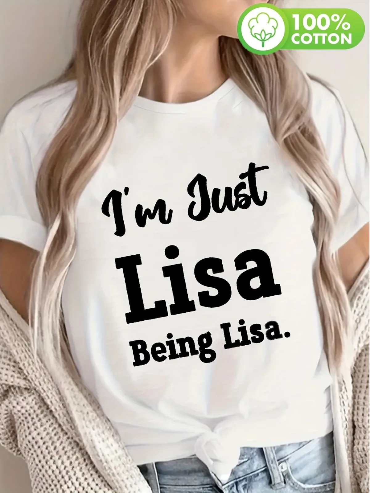 

Women's Soft T-shirt Text Pattern Comfortable Fit Black with White Text,Casual Round Neck Spring Summer T-shirt Lisa T-shirt