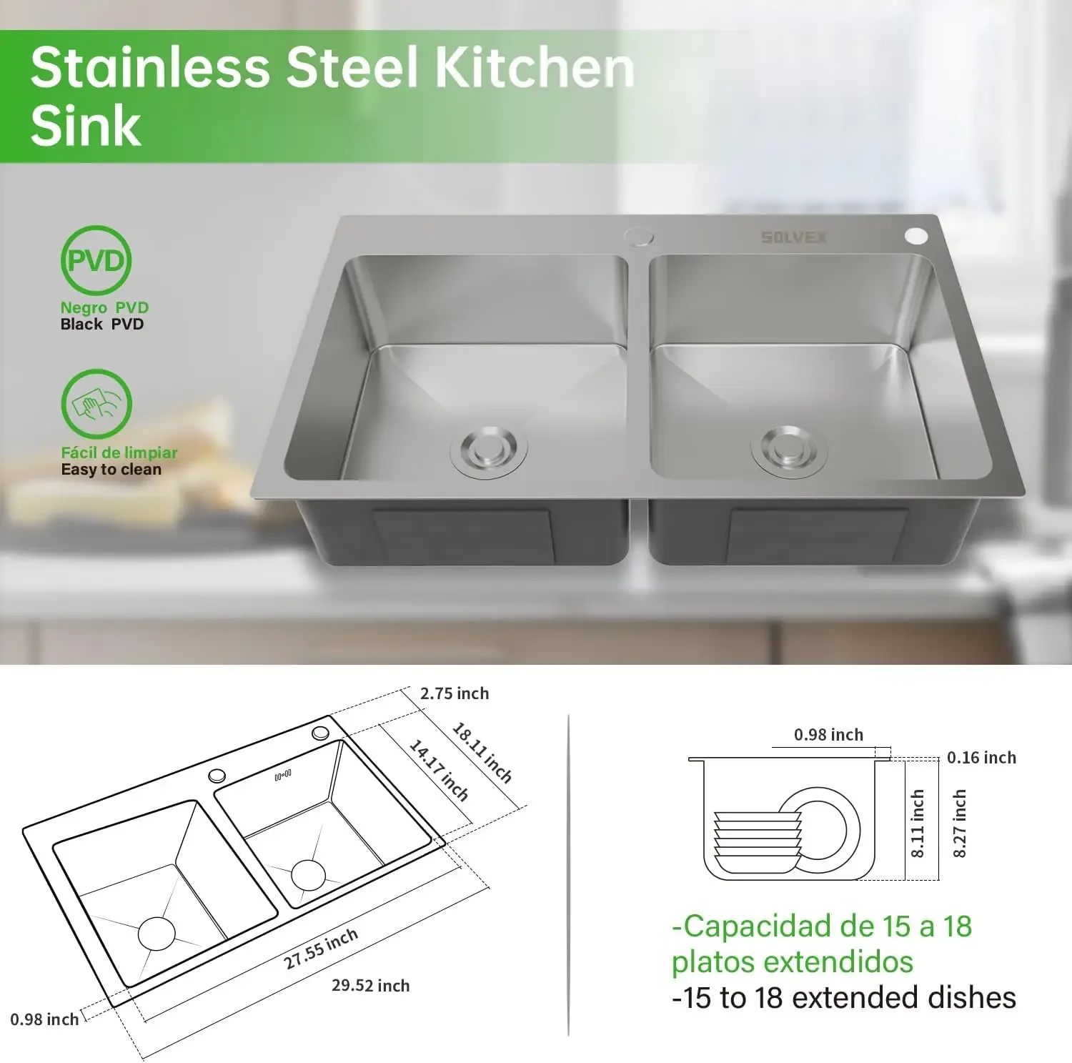 30 Inch Drop in Double Bowls Kitchen Sink with Nano Coating,30x18 Inch Handmade Stainless Steel Topmount Kitchen Sink ST-7546 view 6