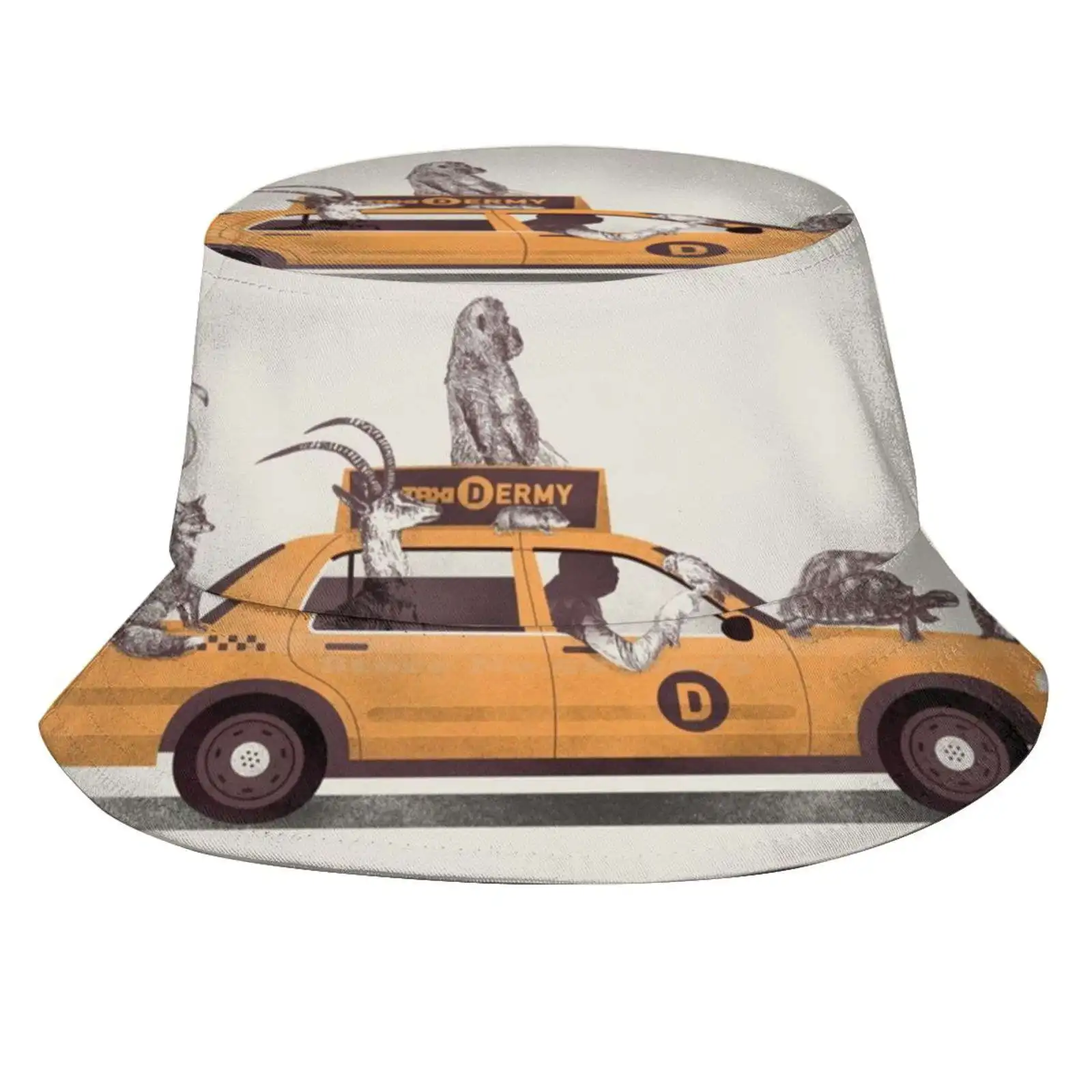 1-800-Taxi-Dermy Sun Cap Fisherman Hat Bucket Hats Taxi Car Transportation Vehicle New York Yellow Cab Animals Stuffed Fox Deer