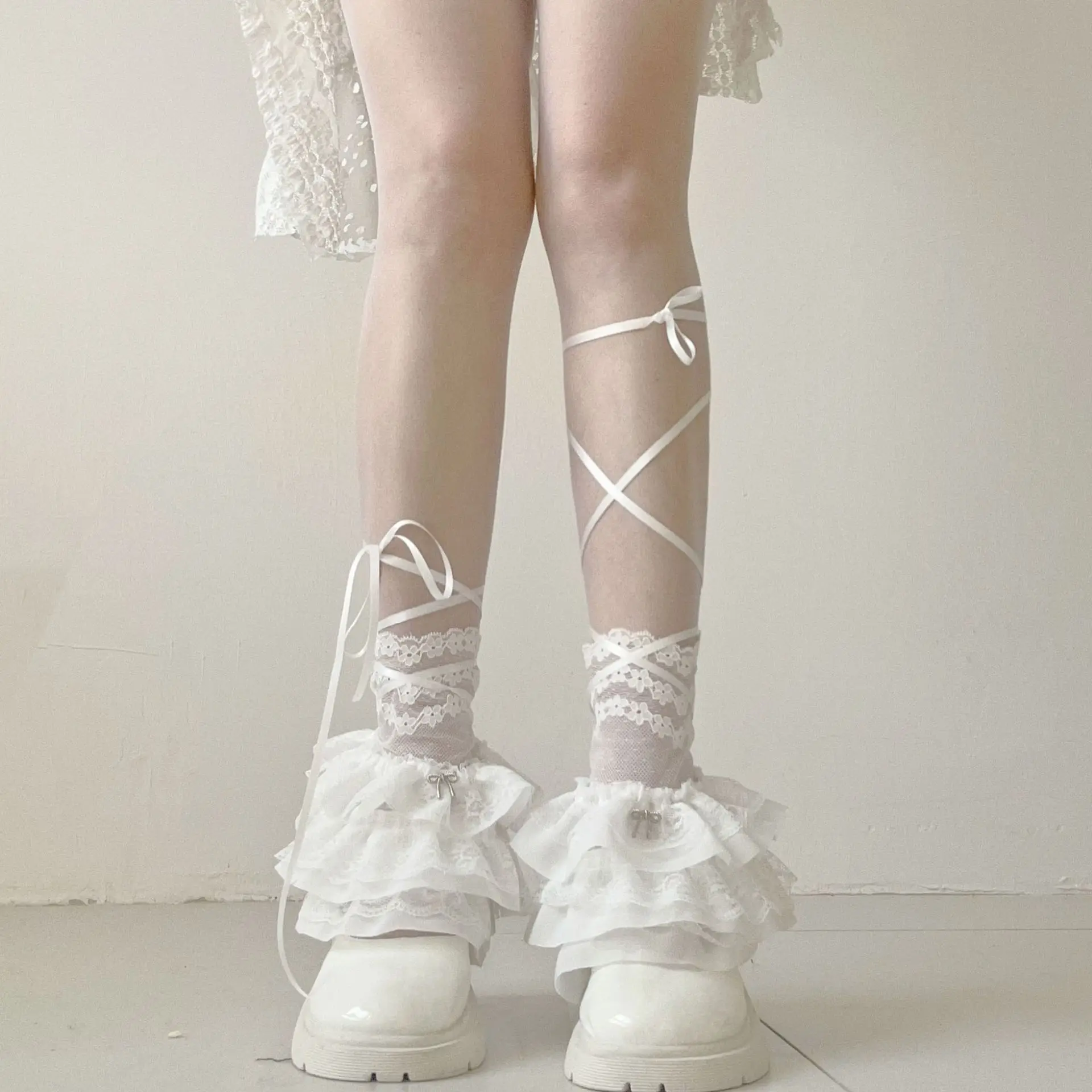 

Женский комплект с рукавами Y2K, Лолита Jk, кружевные носки с бантом на шнуровке, перчатки без пальцев, носки, балетный ремень, JK, аксессуары для одежды