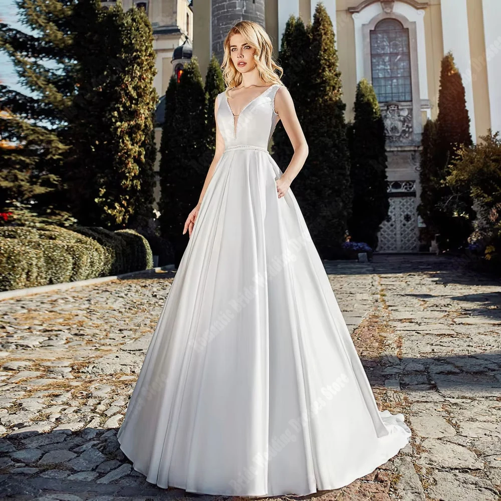 

Elegant A-Line Women Wedding Dresses Sexy Lace Printing Sleeveless Bridal Gowns Mopping Length Ball Vestidos De Novia Customized