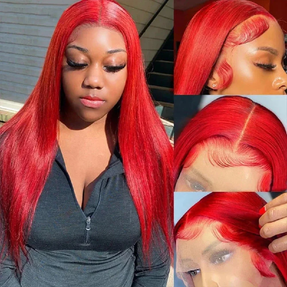 30 40 Inch Brazilian Red 13x6 HD Lace Front Human Hair Wigs 200% Red Color Straight 13X4 Transparent Lace Frontal Wig For Women image 3