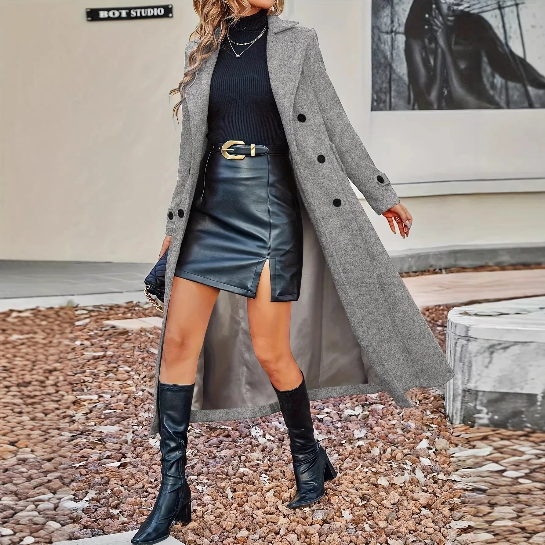 Notched Lapel Long Sleeve Coat Regular Fit European and American Style with Elegant Extended Length Double Breasted Women Coat