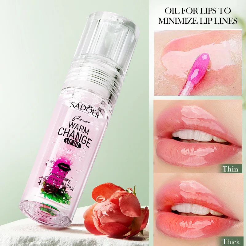 SADOER Fresh Flower Warm Color Changing Lip Oil Moisturizing Lipstick Hydrating Plumping Lip Balm Plumper Skin Care