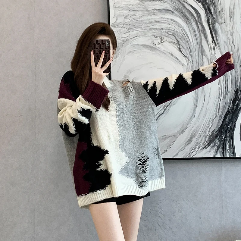 Oversize New Autumn Winter Color Blocking Knitted Pullover Vintage Women O Neck Long Sleeve Thick Hole Tassel Loose Sweater Tops