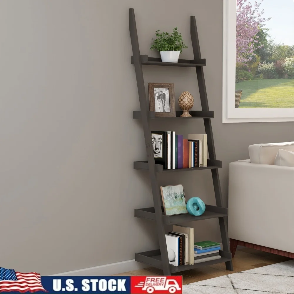 

Leaning Ladder Bookshelf Storage Rack 5-Tier Bookcase Home Office Decor Space-Saving Durable Gray MDF Anti-Tipping Design