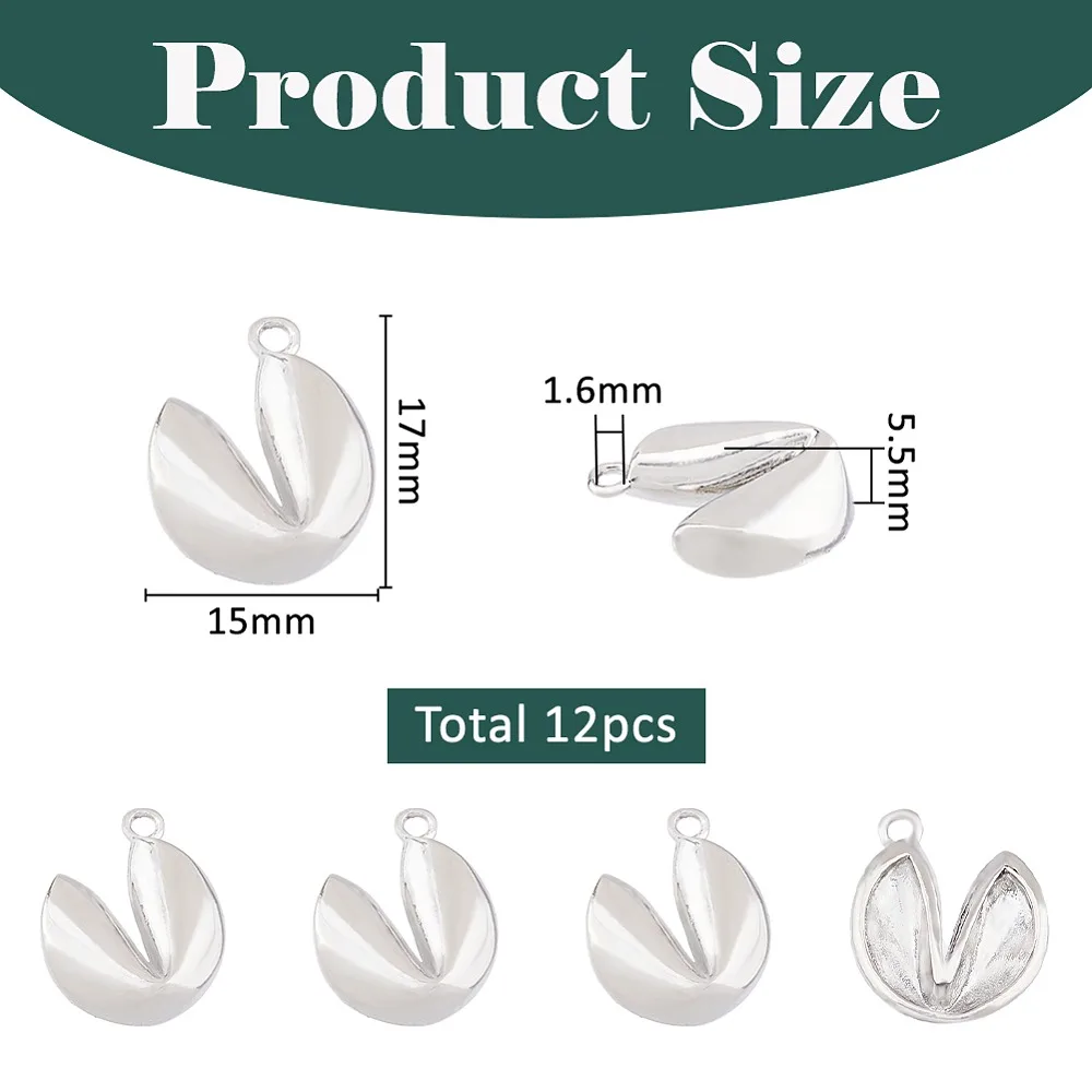12 colgantes de latón con diseño de galleta de la fortuna, chapados en platino auténtico, duraderos, 17x15x5.5mm, agujero: 1.6mm