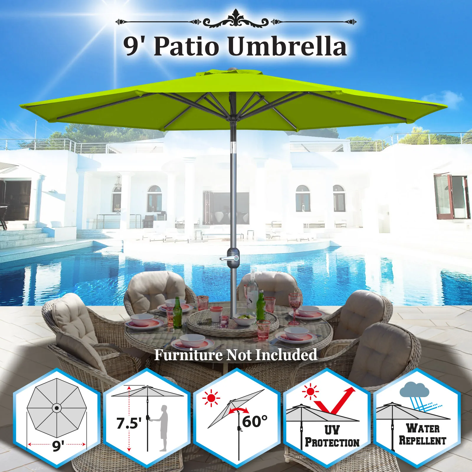 

Sunrise 9' Outdoor Umbrella with 8 Ribs, Tilt, and Crank, Patio Garden Market Sunshade Umbrella (Lemon Green)