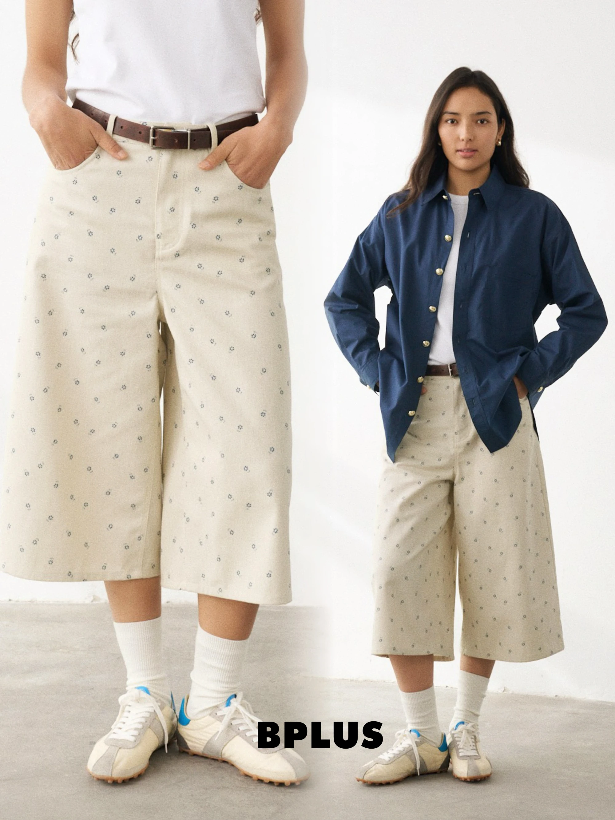 

BPLUS26 Spring Summer Washed Denim Floral Seven-Foot Pants Loose Fit Ladies Jeans Cotton Natural Waist Button Closure