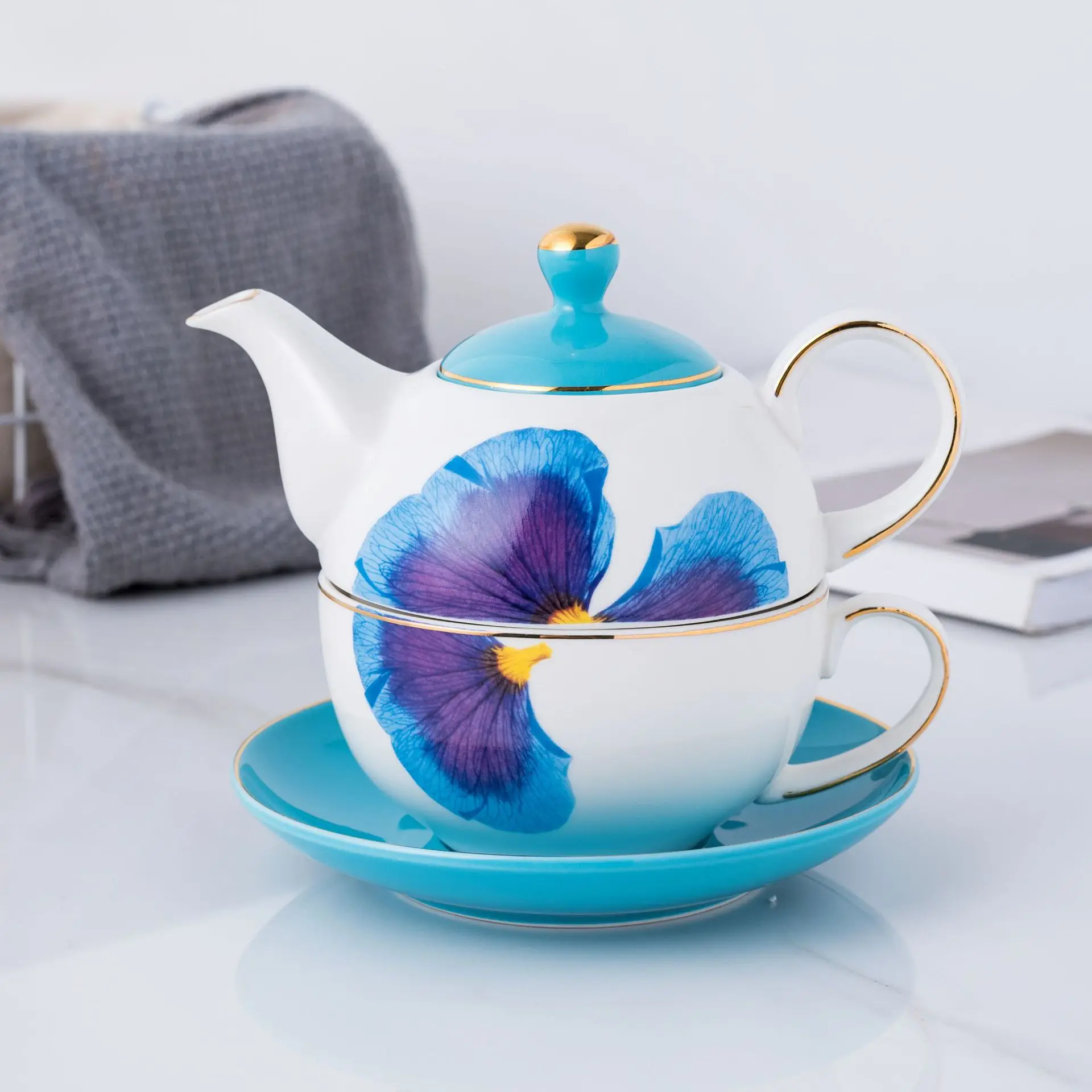 

Ceramic Tea for One Set, Teapot with Infuser and Cup Set for One, Blue Flowers/Yellow Butterfly Tea Set with Honey Dipper Stick