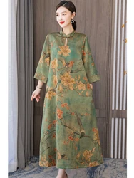Women Green Silk Long Sleeve Stand Collar Maxi Dress 2024 Korean Vintage Elegant Luxury Dress Autumn Winter Elegant Loose Dress