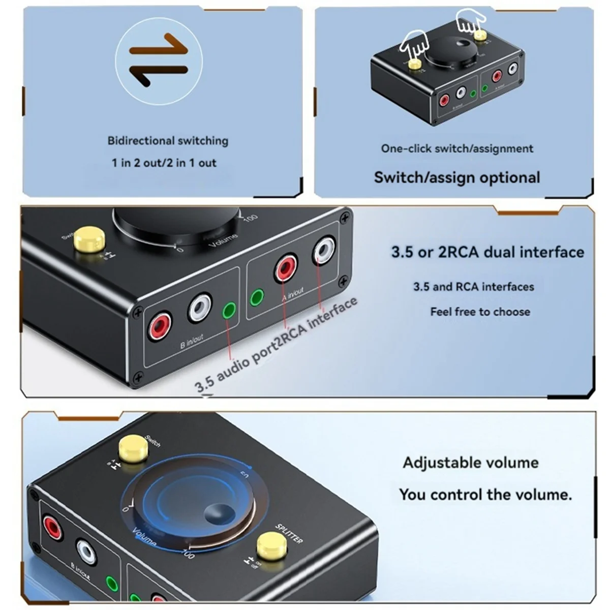 3.5mm to 2RCA Audio Switcher Bidrectional Switcher 1 in 2 Out or 2 in 1 Out Dual RCA to 3.5mm Splitter Switcher