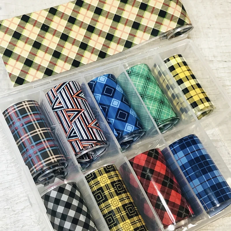 10 Rolls Autumn Checkered Stripes Nail Foils Stickers Decal Sliders Transfer Foil Wrap Leopard Nail Art Sticker