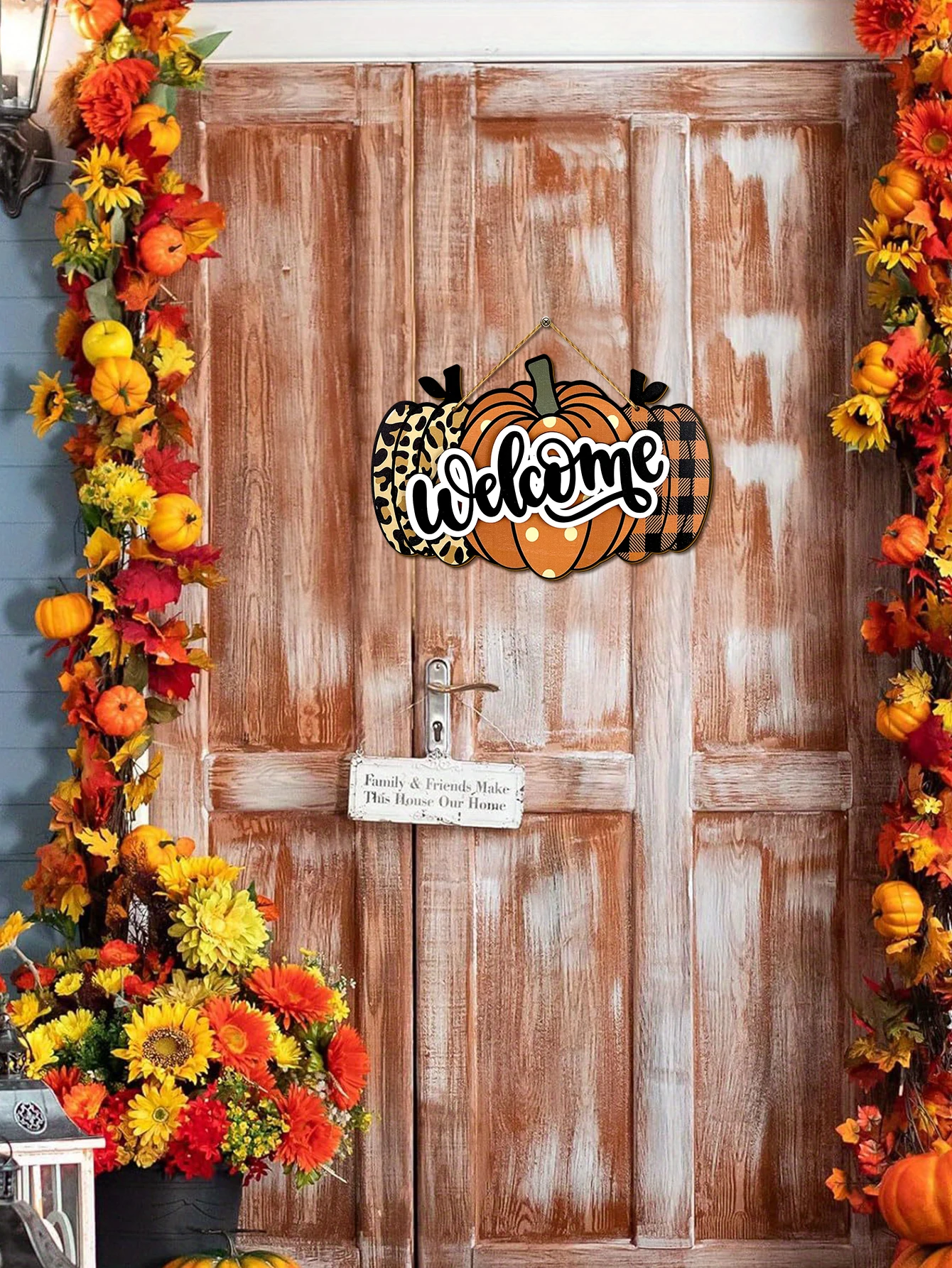 1pc 11*7.28inch Autumn Leopard Print Pumpkin Door Sign, Welcome Pumpkin Wooden Sign , Wall Decor, Home Decor, Room Decor