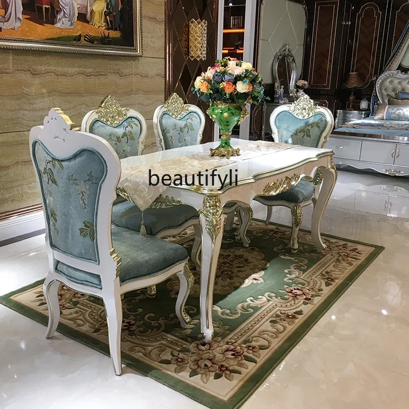 

French solid wood dining table and chair combination, European carved rectangular fabric dining table and chair