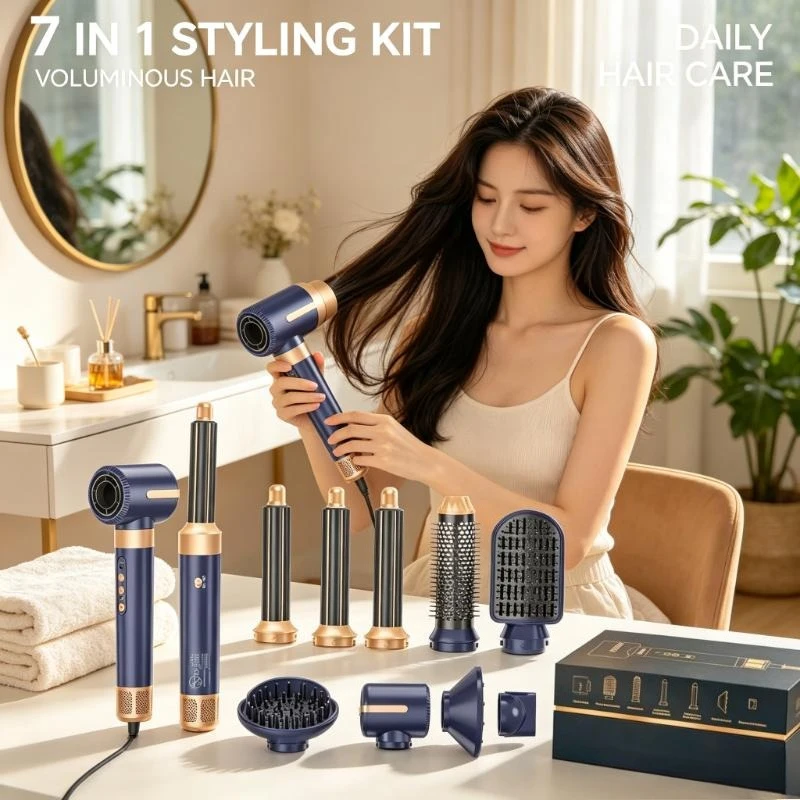 7 In 1 Salon Hot Air Brush Brushless High Speed Hair Dryer With Diffuser Ionic Blow Dryer Styling Comb Auto Hair Curler