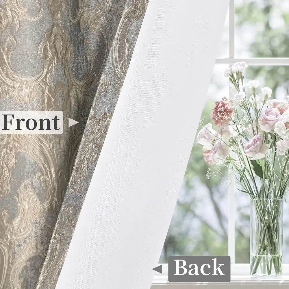 Eleganckie szare zaciemniające zasłony z damasku szenilowego z wiązaniami, z podszewką, do sypialni i salonu (2 panele, 132 x 213 cm)