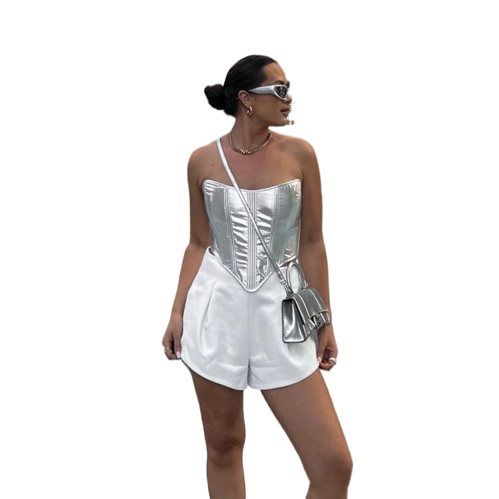 

Bare Shoulder Corset Tube Tops for Women Slim Waist Streetwear Fashion PU Tank Top Sexy Backless Lace Up Bustier Party Club Vest