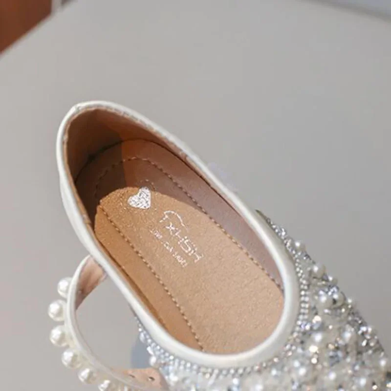 Kids Leather Shoes Spring Autumn Fashion Sequins Pearl Girls Princess Shoes Soft Bottom