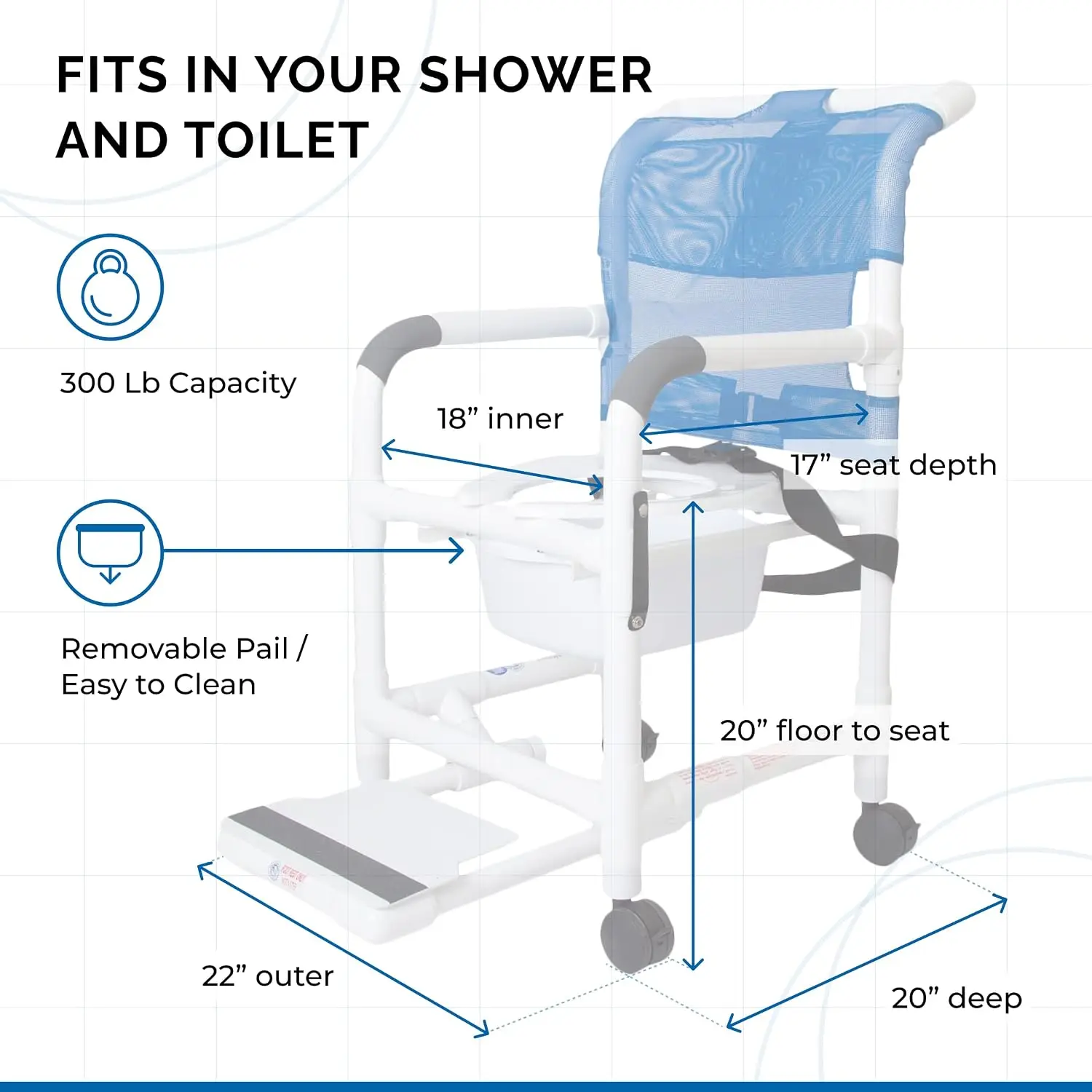 Rolling Shower Chair with Wheels & Drop Arms, Mesh Seat, 4 Locking Casters, Seat Belt, Sliding Footrest, Commode Pail – Fits