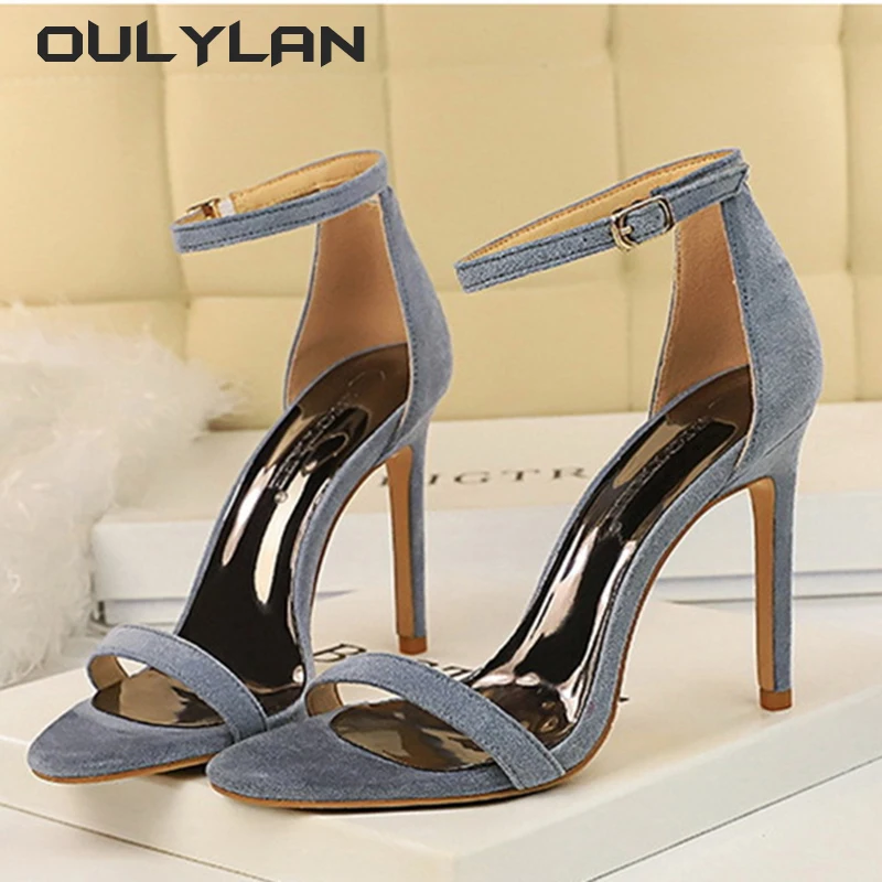 Oulylan Women 10cm High Heels Flock Stripper Sandals Female One Character Strip Red Shoes Lady  Green Summer Classic Sexy Pumps