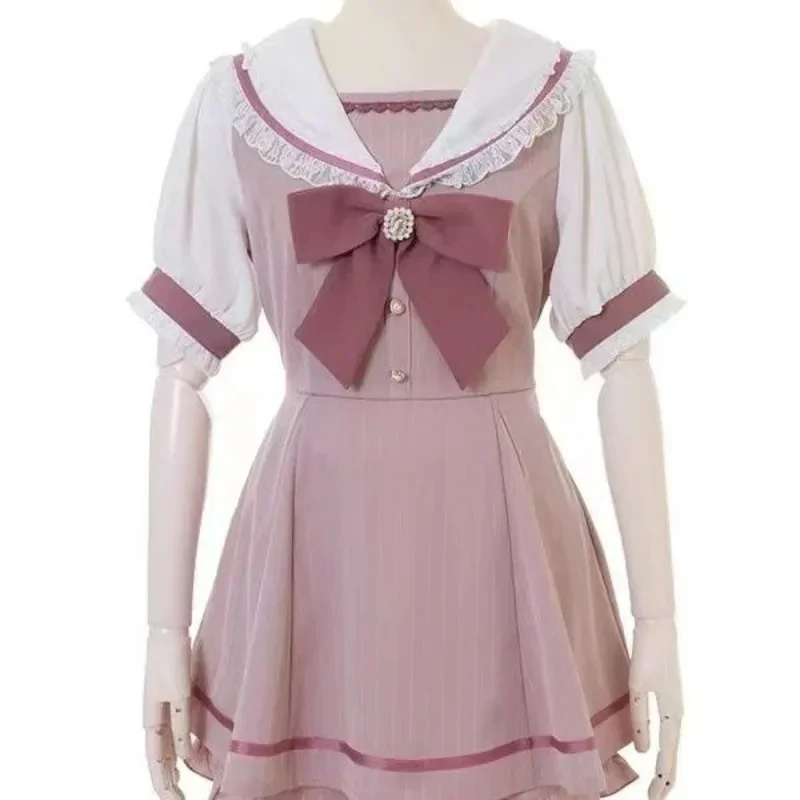 Sweet 2 Piece Sets Women Clothing Japanese Outfits Sailor Collar Tunic Bow Dresses High Waist Shorts Suit Chic Cute Summer Set
