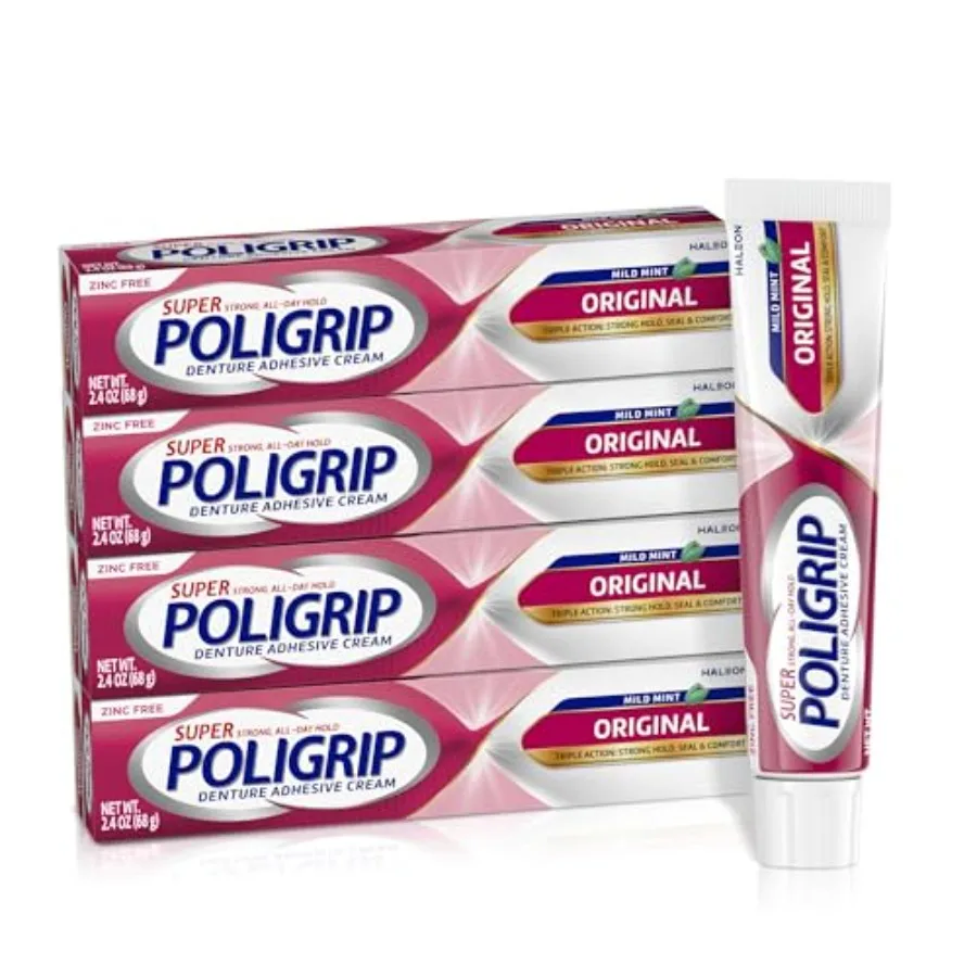 

Super Poligrip Original Denture Adhesive Cream Zinc Free Denture Cream for Dentures - 2.4 Ounces Pack of 4