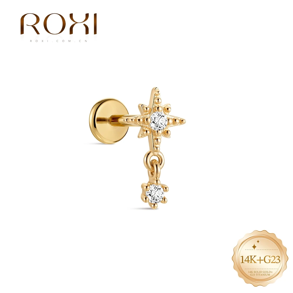 ROXI 1PC 14K Solid Gold Classic Minimalist Eight Pointed Star CZ Piercing Cartilage Stud Daily Party Wedding Ear Jewelry