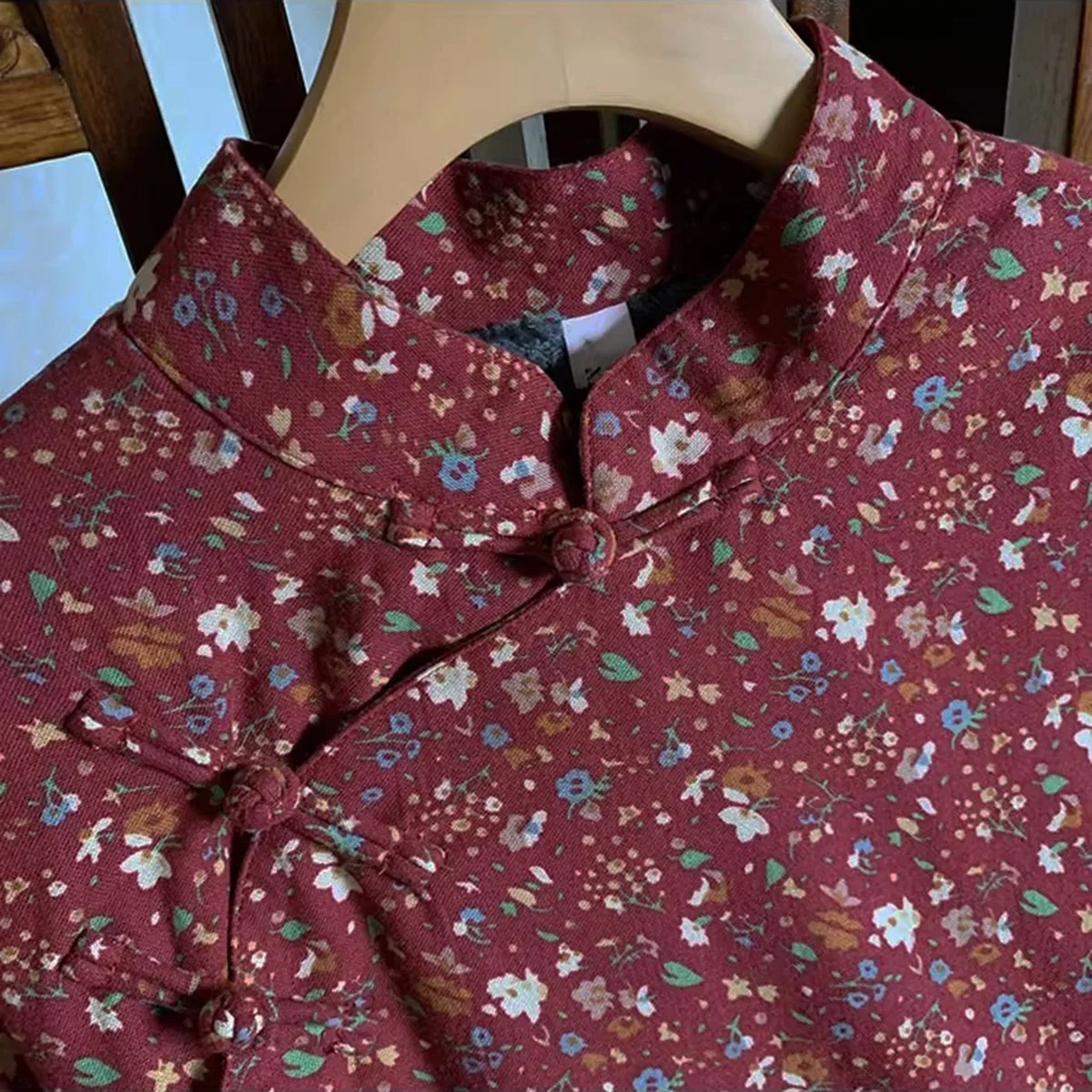 Women Country-style Floral Print Thicken Winter Long Sleeves Cheongsam Vintage Fleece Improved Dress Medium-length Chinese Qipao