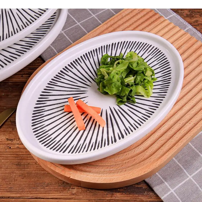 

Ceramic Oval Dinner Plate Restaurant Line Texture Steak Dessert Pasta Plates Salad Home Tableware