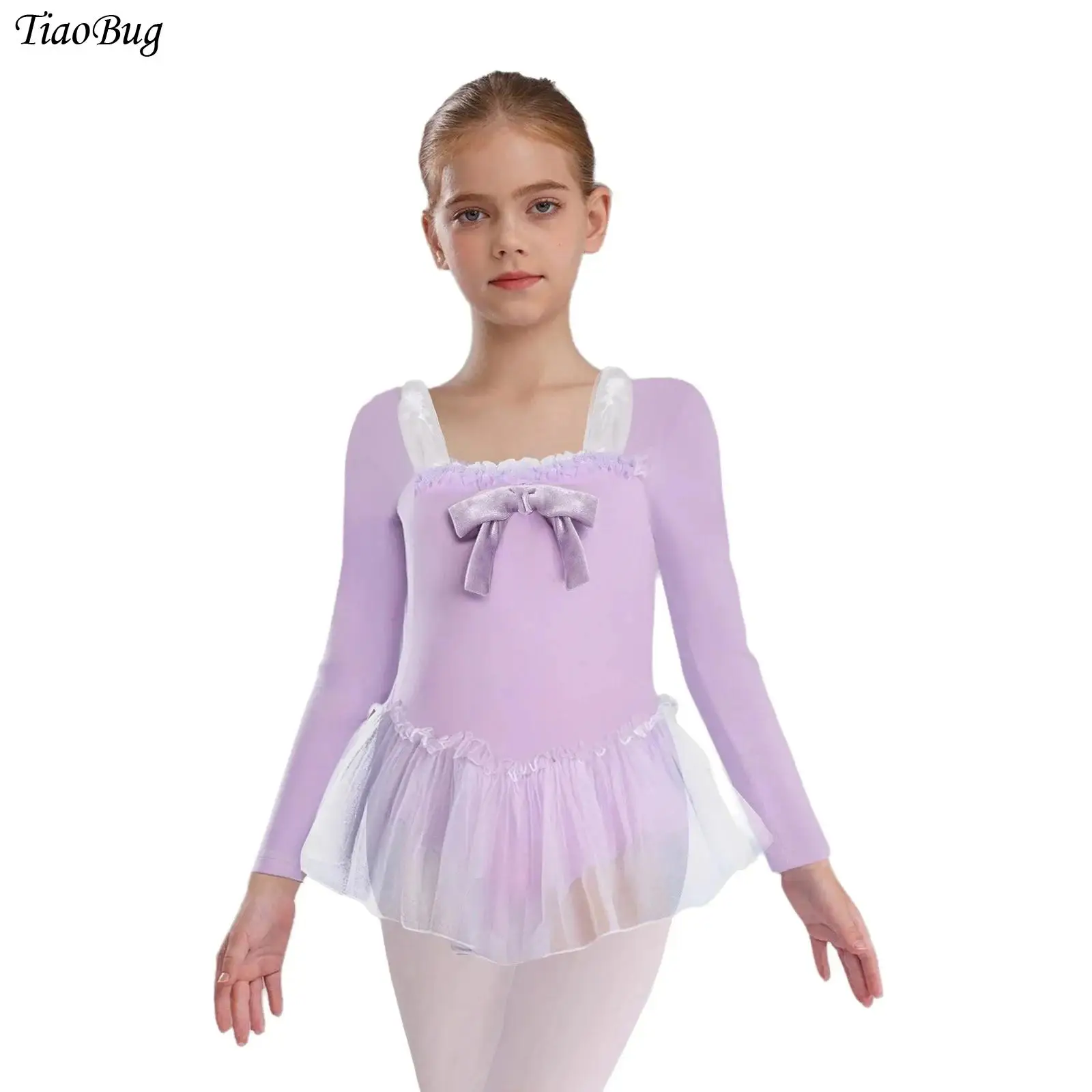 

Kids Girls Ballet Tutu Dress Velvet Rabbit Ears Bowknot Long Sleeve Square Neck Leotard Dress for Dance Practice Competition