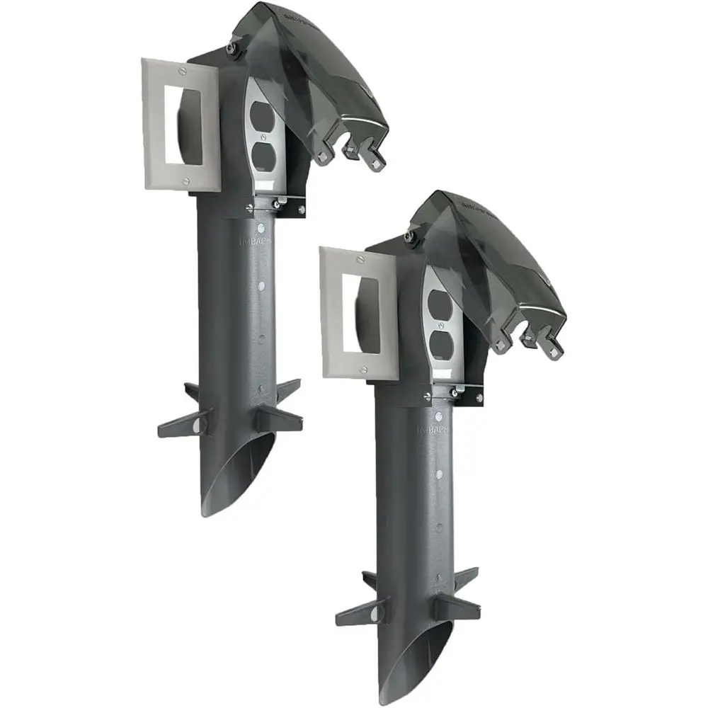 Dual Outdoor Silver Grey Power Post Enclosures with Weatherproof Outlet Stakes and Stabilizers for Easy Underground Wiring and L