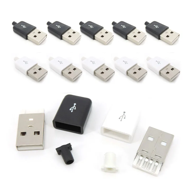 10Pcs USB Type A Connector Male 4 Pin Plug power plug Socket With Black White Plastic Cover USB 2.0 Type-A Soldering DIY Kits