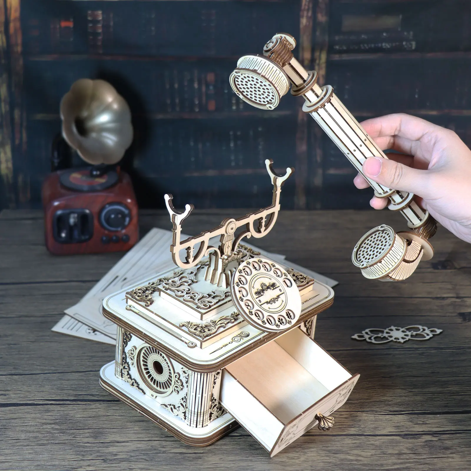 Quebra-Cabeça Criativo Retro em Madeira 3D Modelo de Telefone para Adultos - Decoração de Mesa e Presente Único para Natal ou Aniversário