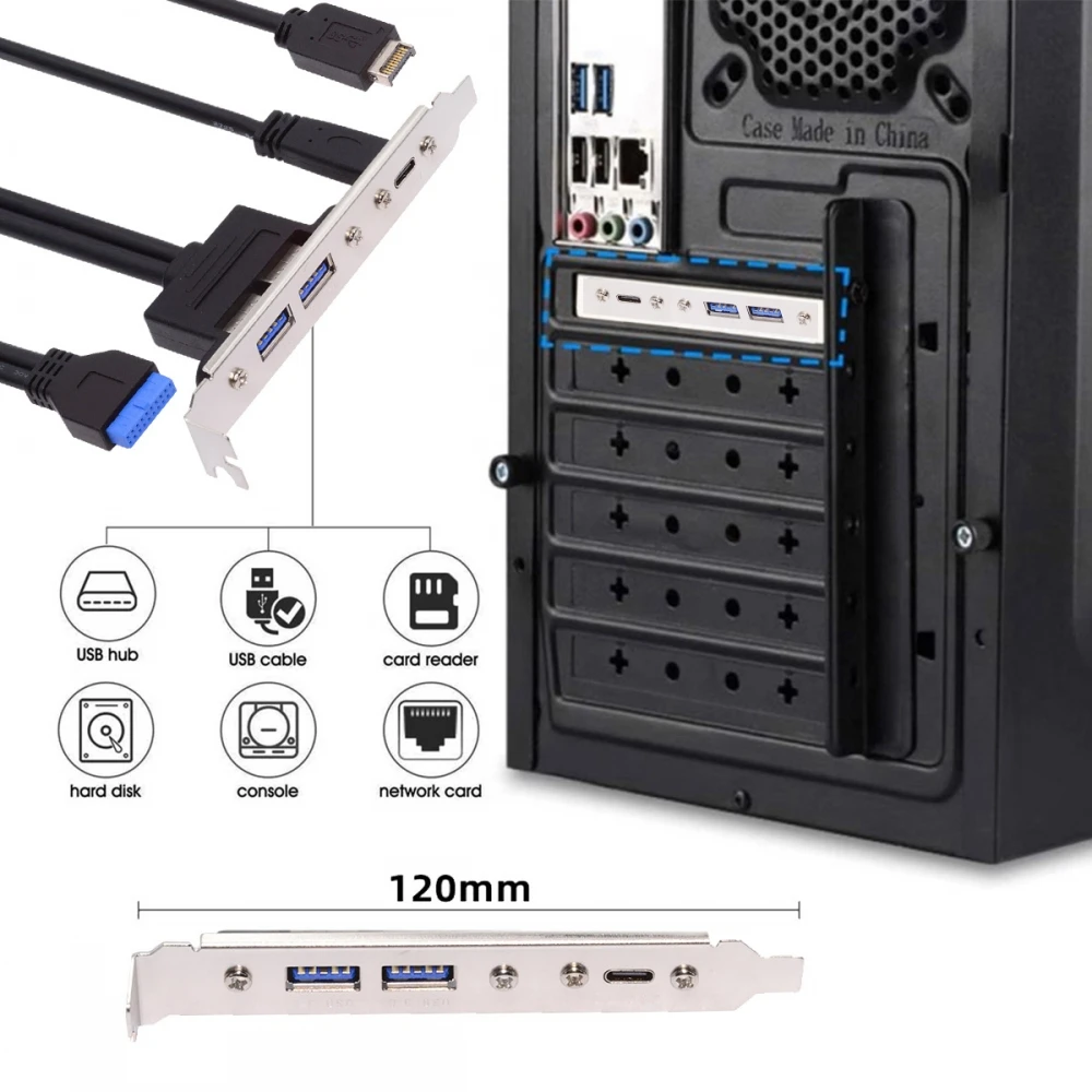 USB3.0 and USB C Female Header Panels to Motherboard 20-pin & Type-E Motherboard Extension Cable Adapter with 12cm PCI-E Bracket