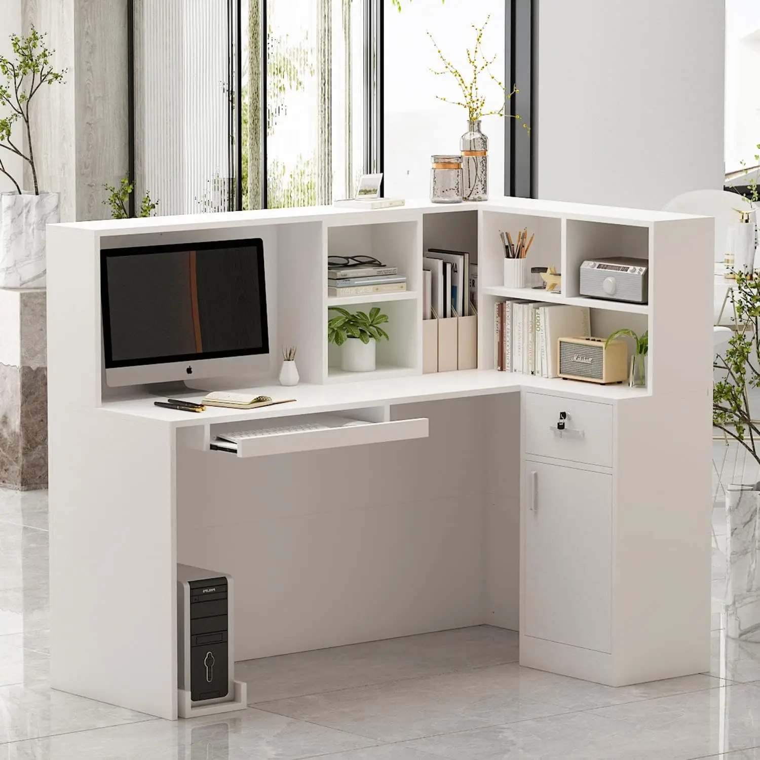 Desk L-Shaped Office Desk with Counter, 1 Door Storage Cabinet, 1 Lockable Drawer, Hutch Shelf & Keyboard Tray, White