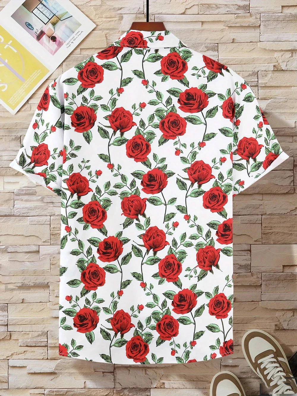 Herren-Freizeithemd mit Rosen- und Botanik-Aufdruck, kurzärmeliges Button-Down-Hemd