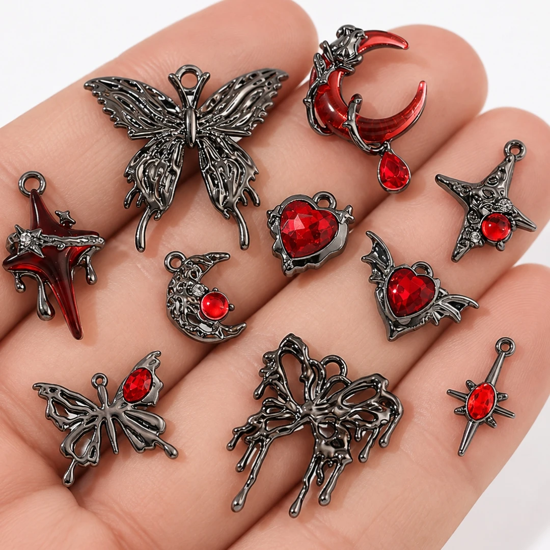 5pcs Dark Gothic Retro Black Butterfly Moon Cross Heart Pendant Set for DIY Personalized Necklace Earrings Accessories Halloween